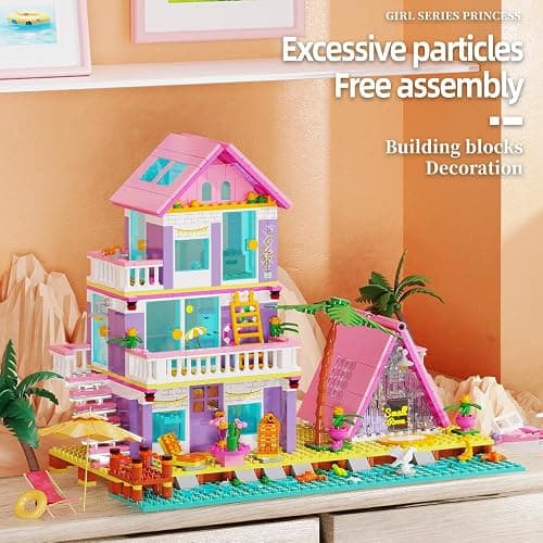Girl Beach House Building Blocks Toys for Girls Age 8+, Seaside Villa Friends Building Set with Light, 791pcs Mini Bricks - Pink thumbnail 6