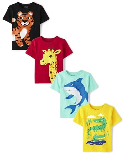 The Children's Place Baby-Boys and Toddler Dinos,Animals,Cars Short Sleeve Graphic T-Shirts,4 Pack - Image 1