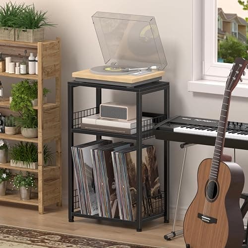 LELELINKY Side Table with Storage, Black Night Stand for Small Spaces, 3 Tier Industrial Wooden Record Player Holder with Vinyl Storage Shelf, End Tables Printer Stand for Bedroom thumbnail 4