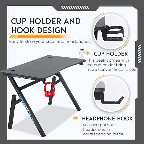 BestOffice | 47" Gaming Desk | Blue | Carbon Fiber Textured Computer Desk | Sturdy Steel Frame, Cup Holder, Headphone Hook, Cable Management Holes, Adjustable Leg Pads | for Gamers, Home, Office thumbnail 6