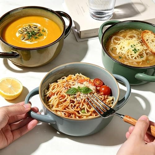 MONITO Ceramic Salad Bowl with Handles, 28 oz French Onion Soup Bowls, Ceramic Soup Bowls for Cereal, Pasta, Chilli, Beef Stew, Stackable Serving Bowl Set of 4 (28 OZ) | Ceramic Soup Bowls with Handles for Cereal,Pasta,Chilli,Beef Stew,Stackable Serving Bowl Set of 4 thumbnail 2