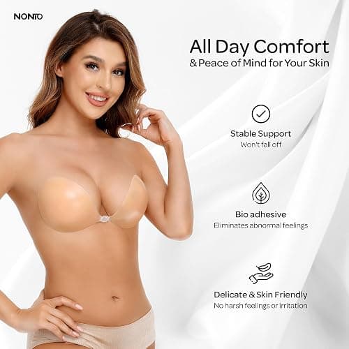 NONIO Adhesive Bra Strapless Sticky Invisible Push up Reusable Silicone The Best Off Backless Viscous for Women - A - Nude thumbnail 2