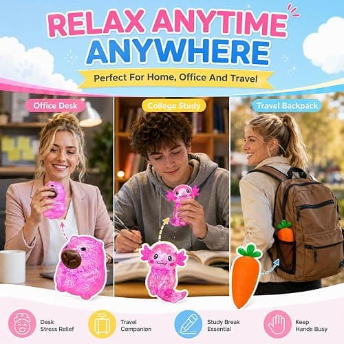 10 Pack Squishy Toys Fidget Squeeze Sugar Filled Squishies Slow Rise Crunchy Set Stress Ball Glitter Color Changing Capybara Axolotl Cheese Duck Strawberry Carrot Banana Coconut Cat Shaped Squishers thumbnail 5