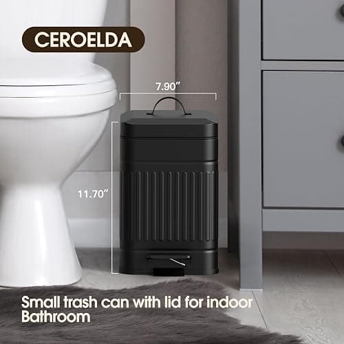 CEROELDA Small Trash Can with Lid-5L/1.3 Gal,Stainless Steel Outdoor Dog Poop Garbage Can-Farmhouse Retro Metal Waste Bin w/Step Pedal for Bathroom Bedroom Office-Soft Close-Black thumbnail 3