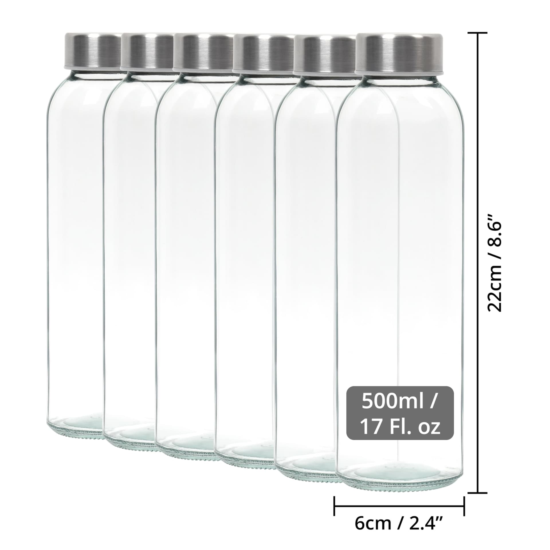 Winter Shore 500 ml Herbruikbare Glazen Waterflessen met Doppen [6 Pak] - Doorzichtig Glazen Sapflessen voor Persen, Hete & Koude Dranken, Shakes, Koffie - Lekvrije Containers met Roestvrijstalen Dop thumbnail 2