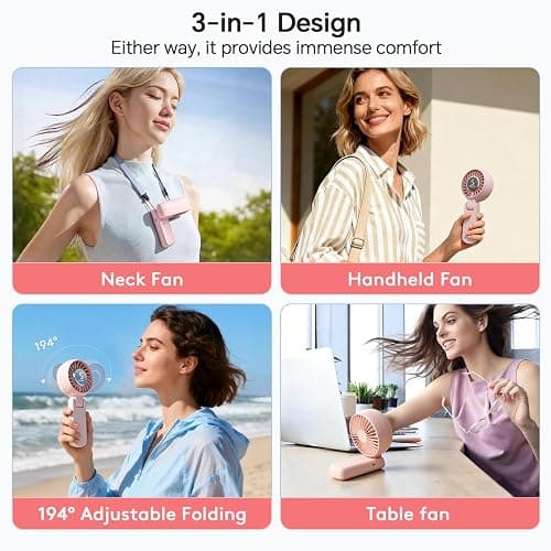 ZOZOO Portable Handheld Fan, 5 Gear High Speed, Rechargeable Mini Personal Hand Fan, Up to 14 Working Hours, 3 IN 1 for Travel, Beach Vacation, Camping, Gifts for Women, (Pink) thumbnail 5