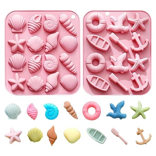 Seashell and Nautical Silicone Mold Set, 2 Pack Pink Ice Cube Trays with Starfish Anchor Shell Designs - Image 1