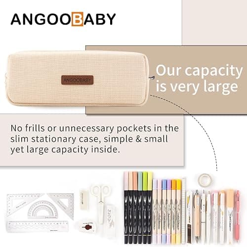 ANGOOBABY Small Pencil Case Student Pencil Pouch Coin Pouch Cosmetic Bag Office Stationery Organizer For Teen School-Beige thumbnail 4