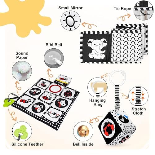 Baby Toys 0-6 Months, Notique 19 Pcs Newborn Black and White Baby Toys Montessori Tummy Time Toys 0 3 6 9 Months, Sensory Soft Book for Babies, Educational Cards Baby Essentials Infant Toys Baby Gifts thumbnail 2