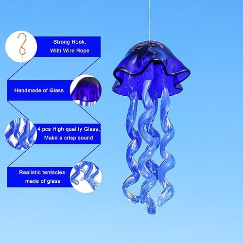 20Inch Art Blown Glass Jellyfish Wind Chime,Handmade Glass Jellyfish Hanging Sun Catcher Wind Chime,Wind Chimes for Outdoor,Animal Glass Blown Wind Chimes for Garden Yard Wedding Decor(Royal Blue) thumbnail 6
