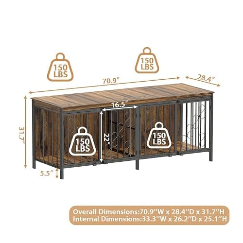 COZPAW 71" Double Dog Crate with Elevated Legs, Brown | Extra-large kennel for 2 dogs, 5,5" raised legs for robot vacuum access, Heavy-duty steel & wood, Modern TV stand thumbnail 3