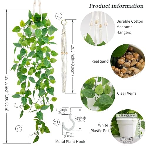 LOYWREE 1 Pack Artificial Hanging Plant Kit with Pot and Hanger - 39" Long Fake Pothos Vines - Hanging Potted Faux Plant Indoor for Wall Ceiling Bedroom Bathroom Living Room Home Decor (White Pot) thumbnail 3
