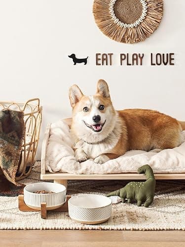 LE TAUCI PET Ceramic Dog Bowls for Medium Small Dogs - 4 Cup Medium Dog Food and Water Bowls with Wood Stand, Cute Pet Dishes Set of 2, Lines+Dot thumbnail 2