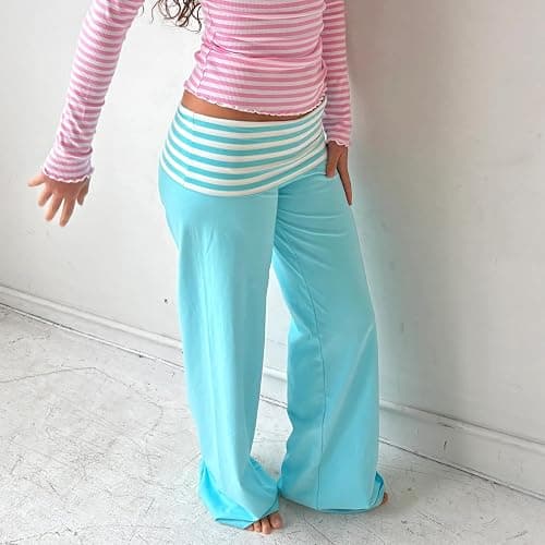 LILTWIST Women Y2k Striped Fold Over Pants Low Rise Yoga Pants Lounge Bottoms Color Block Wide Leg Flare Leggings Sweatpants thumbnail 4