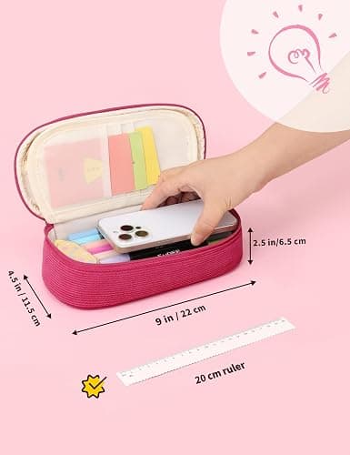 SUNEE Cute Pencil Case, Large Pencil Pouch, Soft Corduroy Fabric Big Pencil Bag with Zipper, Kawaii Pen Bag Stationery Storage and Organizer, School Supplies for Teen, Student, Boys, Girls, Berry Pink thumbnail 3