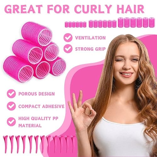 KEYRI 48 Stück Lockenwickler Set Jumbo Groß Haftwickler Selbsthaftend Hair Rollers mit Haar Klammer DIY Locken Ohne Hitze für Lange Mittlere Kurze Salon Friseur (Rosa, 3 Größe) thumbnail 6