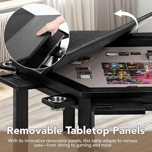 janiry Board Game Table with Removable Table Top Seats 4 to 6 Players Hexagonal Solid Wood Dining and Gaming Table Includes Play Mat, Detachable Cup Holders & Trays (Black) thumbnail 4