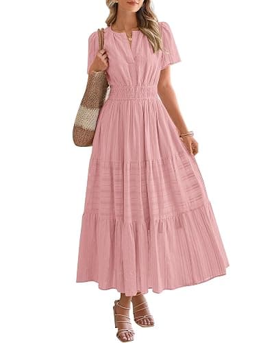 BTFBM Womens Summer 2026 Casual Midi Maxi Dresses Lightweight Short Sleeve V Neck Elastic Waist Boho Beach Dress Pockets - Image 1