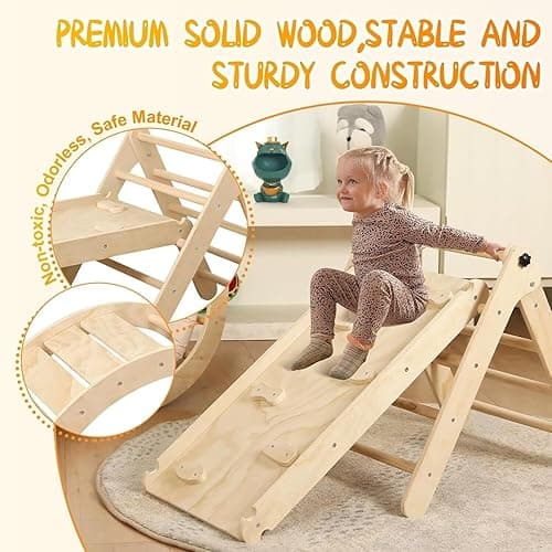 Yopnoyik Pikler Triangle Set with Cushion, 7 in 1 Toddler Climbing Toys Indoor, Montessori Foldable Climbing Set, Wooden Climbing Toys for Toddlers 1-3 Inside with Ramp, Arch and Ladder (Nature Wood) thumbnail 4