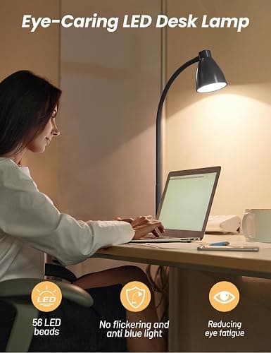 BOHON LED Desk Lamp with USB Charging Port 3 Color Modes Dimmable, Black | Reading Light Intelligent Induction Auto Dimming Task Lamp Neck Flexible Table Lamp for Bedside Office, AC Adapter Include thumbnail 3