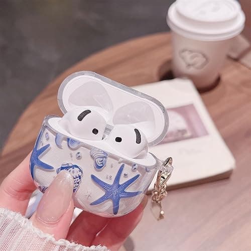MINSCOSE Compatible with AirPods 4 Clear Case,Cute Beautiful Seashell and Starfish Pattern Design with Keychain, Soft TPU Protective Shockproof Cover for AirPods 4 for Women Girls-Blue thumbnail 4