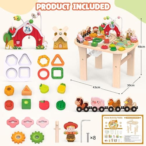 Weilim Montessori Activity Table for 1 Year Old, Wooden Farm Toddler Toy | Busy Activity Center with Bead Maze, Shape Sorter, Train Track & Spinning Gears—Sensory Play That Grows Fine Motor Skills thumbnail 2