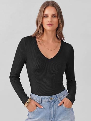 ANRABESS Women's Long Sleeve Deep V Neck Tops Dressy Casual Shirts | Fall Business Work Blouse, Basic Tee Shirt, Slim Fit, Stretchy Soft Ribbed Knit Fabric, Winter Layer Vacation &Every Day Wear thumbnail 3