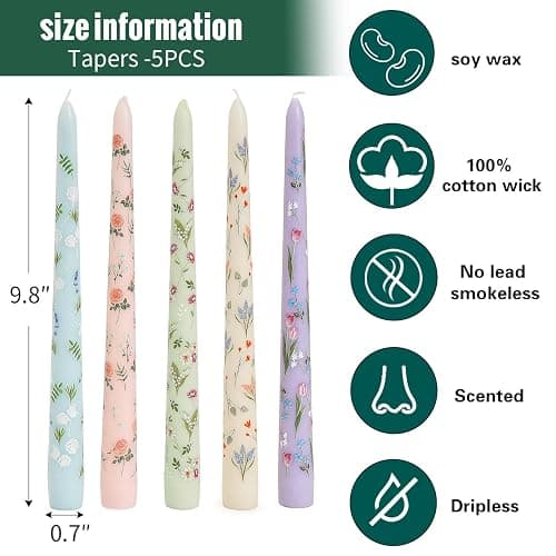 Sungmor Pretty Floral Taper Candlesticks, Beautiful 5-Color Decal Craft, 10" Long Decorative Candle, Scented & Colored Tall Candlestick, Long Burning & Smokeless Tapered Holiday Party Celebrate Candle thumbnail 4