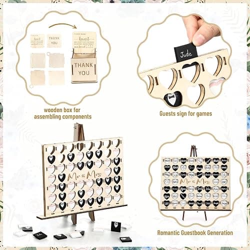 54 Pcs Fun Wedding Guest Book Alternative Set Four in a Row Game for Reception, with Mr & Mrs Wooden Heart Sign Guest Book for Wedding Party Games Ideas, Bridal Shower, Engagement, Anniversary Unique thumbnail 4