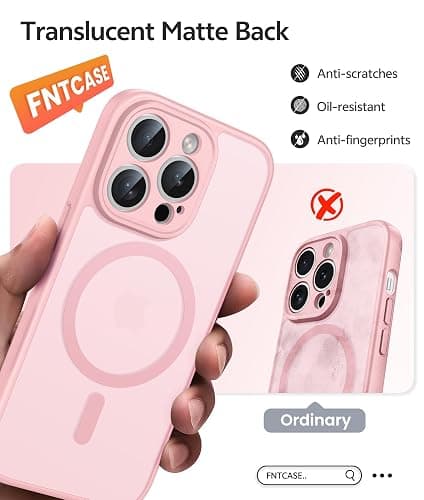 FNTCASE for iPhone 15 Pro Case: [Compatible with Magsafe] Translucent Matte Cases with [Full Camera Protection] [Screen Protector] Military Grade Shockproof Protective Phone Cover - Light Pink thumbnail 6