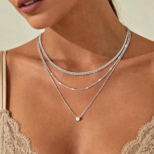 WomenGifts Layered Gold Necklaces for Women, 14K Gold Sterling Silver Plated Dainty Pendant Necklace Set with Cubic Zirconia Circle, Chunky Stackable Cuban Chain Choker, Trendy Waterproof Jewelry Gift thumbnail 3