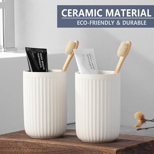 White Toothbrush Holders for Bathrooms - 2 Cups Ceramic Toothbrush Toothpaste Holders Set, White Bathroom Tumbler Cups Reusable Toothbrush Mouthwash Cup, Bathroom Counter Organizer. - Warm White - 2pcs thumbnail 3