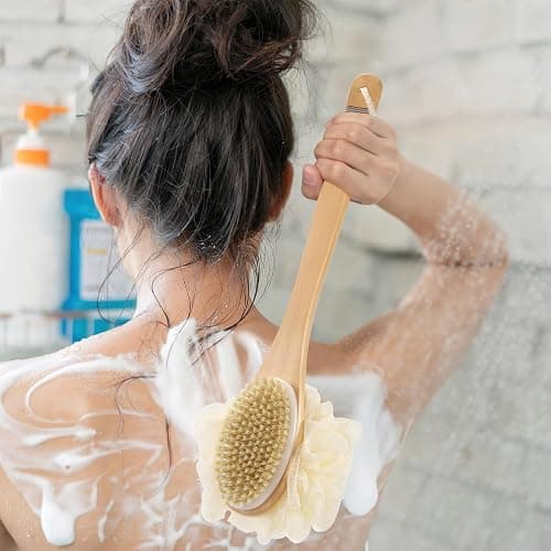 DEBETOOL Shower Loofah with Handle - Wooden Long Handle Shower Body Brush with Loofah for Exfoliating, Natural Loofah Back Scrubber for Women and Men thumbnail 7