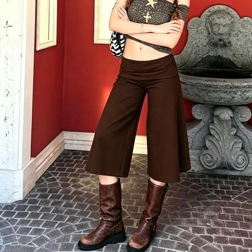 Women Fold Over Gaucho Pants Y2k Wide Leg Low Rise Cropped Lounge Capris thumbnail 3