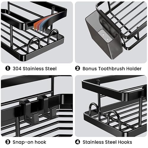 PKBD Corner Shower Caddy 3 Pack,Bathroom Storage No Drilling,shower storage with Soap Holder&Hooks&Toothpaste Holders,Bathroom or Kitchen,Rustproof Stainless Steel suction bathroom accessories,Black - Black - 3-Pack thumbnail 4