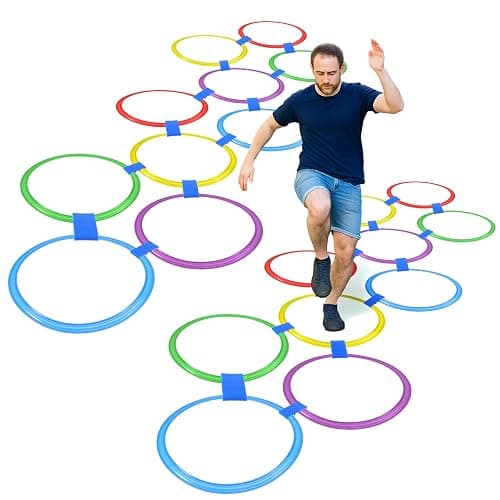 CIATBYYJ 2 Sets 11inch Hopscotch Rings, 10 Plastic Round Hoops with Blue Clips Connectors, Obstacle Course Agility Balance Training Rings, Outdoor Indoor Games Hopscotch Set for Fun and Fitness - Image 1