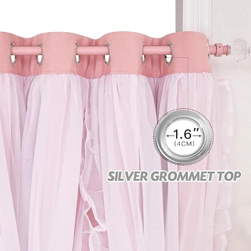 PONY DANCE Pink Blackout Curtains for Nursery/Girls Bedroom, 2 Panels | Double Layer Bow Curtains with Ruffle Sheer Overlay, Cute Shabby Chic Kids Toddler Room Decor Drapes Coquette Style,W52 x L84 thumbnail 5