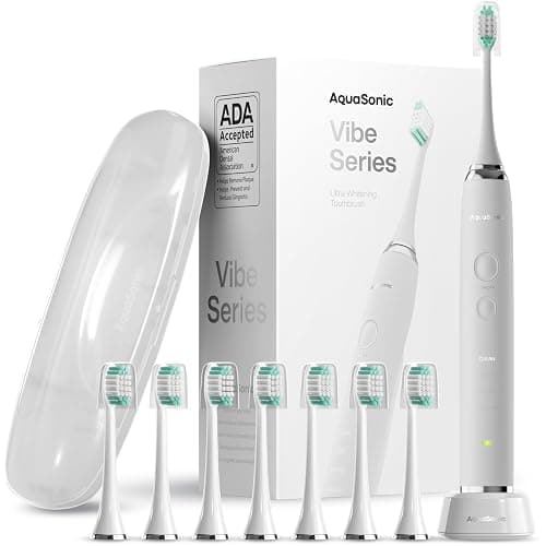 Aquasonic Vibe Series Ultra-Whitening Toothbrush – ADA Accepted Electric Toothbrush - 8 Brush Heads & Travel Case – 40,000 VPM Motor & Wireless Charging - 4 Modes w Smart Timer – Optic White - Image 1