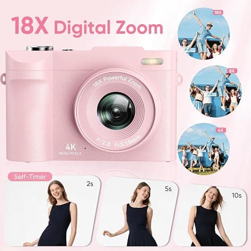 4K Digital Camera for Photography- 50MP Autofocus Vlogging Camera with 2.8" 180°Flip Screen, 18X Digital Zoom- Compact Point and Shoot Camera with 32GB TF for YouTube, Travel, Beginners, Pink thumbnail 4