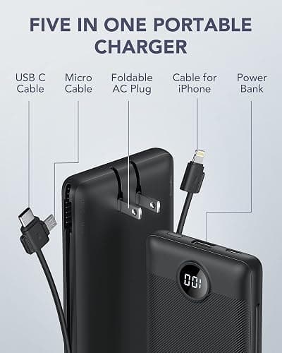 VRURC Portable Charger with Built-in Cables and AC Wall Plug, 10000mAh Power Bank USB C Phone Charger 5 Output 2 Input LED Display Ultra Slim External Battery Pack Compatible with Smart Devices-Black thumbnail 2