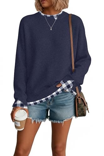 Womens Sweaters Fall Clothes Fashion 2026 Sweater School Teacher Outfits | Disamer Womens Sweater,Cowboy Chic Knit Cozy Sweater,Patchwork Long Sleeve Pullover Tops,Layered Winter Oversized Sweaters thumbnail 5