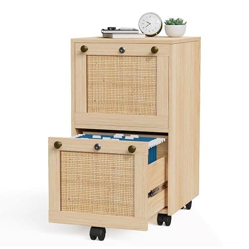 VINGLI 2 Drawer File Cabinet with Lock, Rolling File Cabinets for Home Office, Small File Cabinet Printer Stand, Wood Rattan Oak File Cabinet Under Desk File Cabinet on Wheels for Folders with Tabs - Rattan Oak - 2 Drawer - Image 1