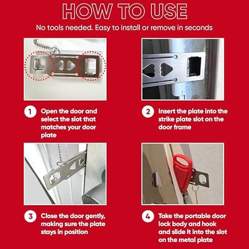 Portable Door Lock Extra Security Essential Safety & Privacy Travel Lockdown, Prevent Entry Stopper, Protect Family While Traveling Home Bedroom Hotel Apartment College (1 Red) thumbnail 6