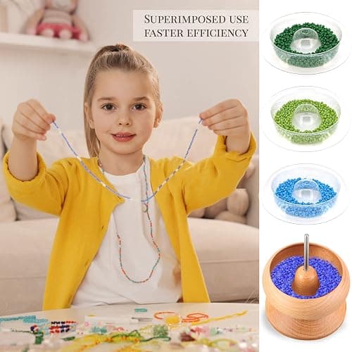 INDIVSHOW Clay Bead Spinner,Seed Beads Kit with 3 Pcs Quick Changed Trays,Beading Needles for Jewelry Making (Wooden) thumbnail 5