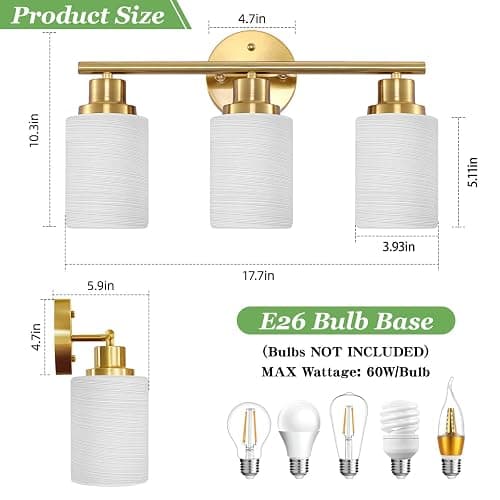Guliaofo 3-Light Bathroom Light Fixtures, Vanity Lights for Mirror with Textured Milky White Glass Shade, Modern Kitchen Light Fixtures Wall Sconce Light - E26 Base - Brushed Gold thumbnail 4