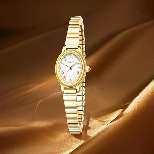 VAVC Small Gold Watches for Women,Analog Womens Watch with Stainless Steel Expansion Band,Oval Case Roman Dial,Water Resistant thumbnail 5