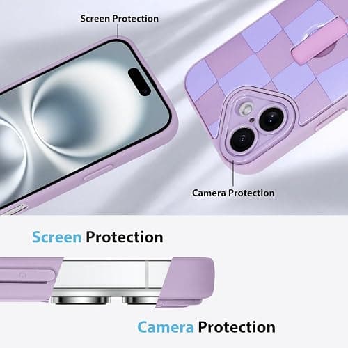 KANGHAR Compatible with iPhone 16 Case Checkered -Purple | Silicone Cute Pattern, Wristband Kickstand Camera Protection Soft Slim Cover for Girls Women thumbnail 5