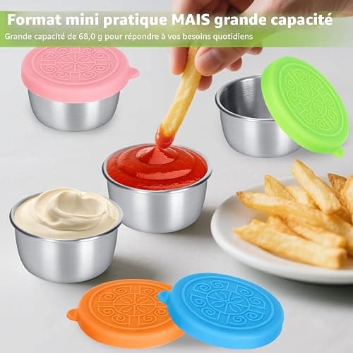 Lot de 6 mini pots à sauce avec couvercles, 50 ml, en acier inoxydable, récipient vinaigrette avec couvercles en silicone, petit récipient à vinaigrette thumbnail 5