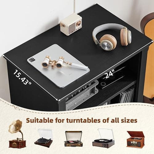 Joaxswe Record Player Stand with Vinyl Record Storage, 24" Wide Mid-Century Record Player Table Up to 200 Albums,Large Wood Turntable Stand Cabinet Dispaly Shelf for Living Room,Bedroom,Black thumbnail 5
