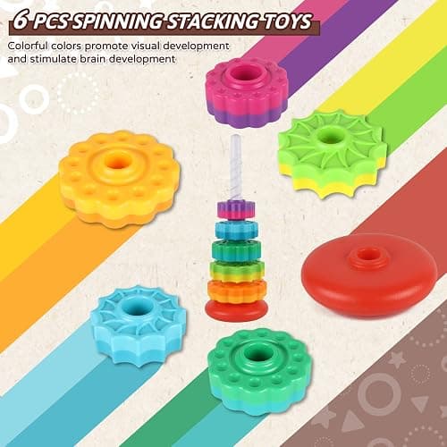 JUXUE Baby Spinning Stacking Toys for Toddlers 1-3, Rainbow Ring Stacker Montessori Toys for Babies 6-12 Months, 1 2 3 One Year Old Girl Boy Christmas Birthday Gifts, Autism Sensory Learning Toy thumbnail 2